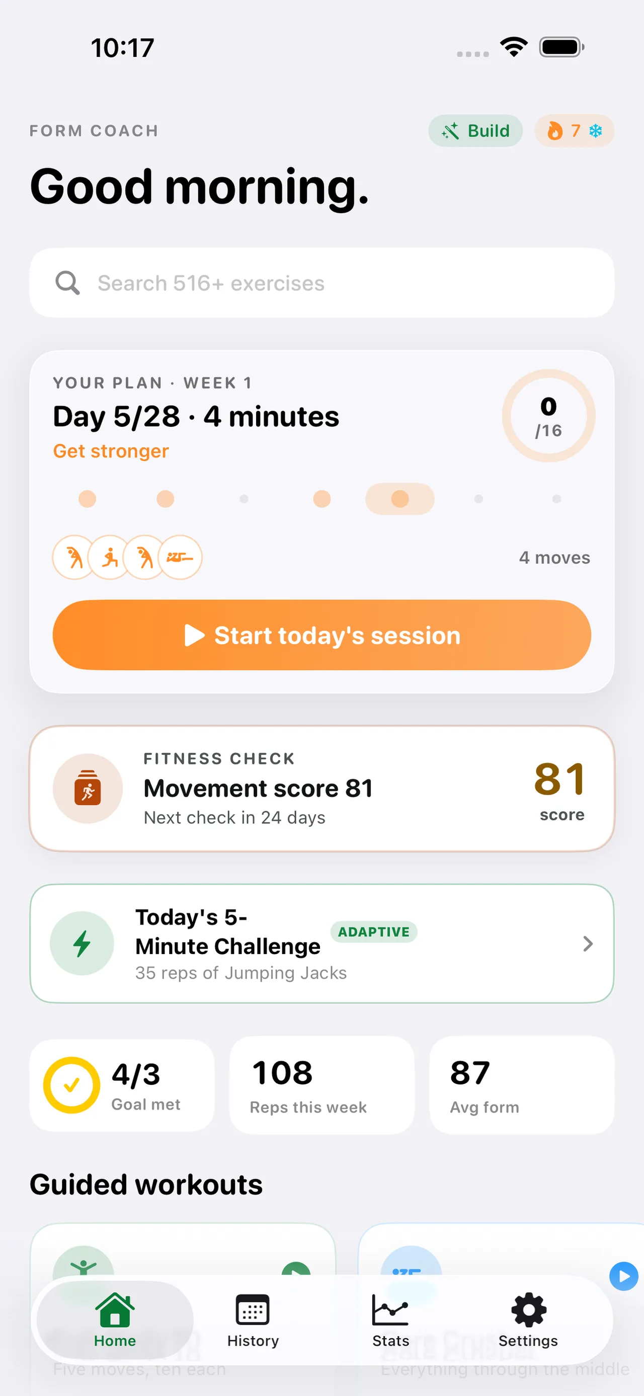 Form Coach home: adaptive plan, weekly goal and reps per week