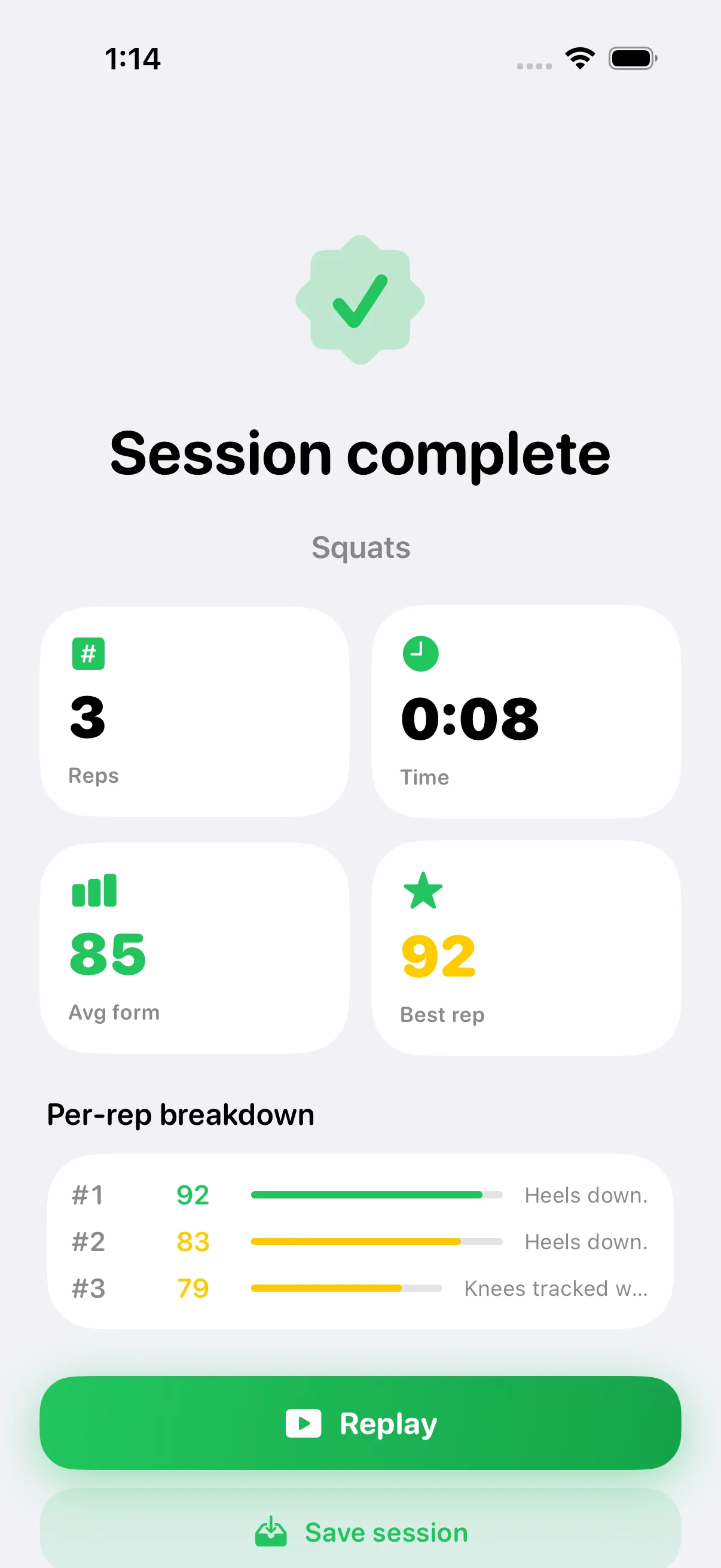 Form Coach session summary with per-rep form scores