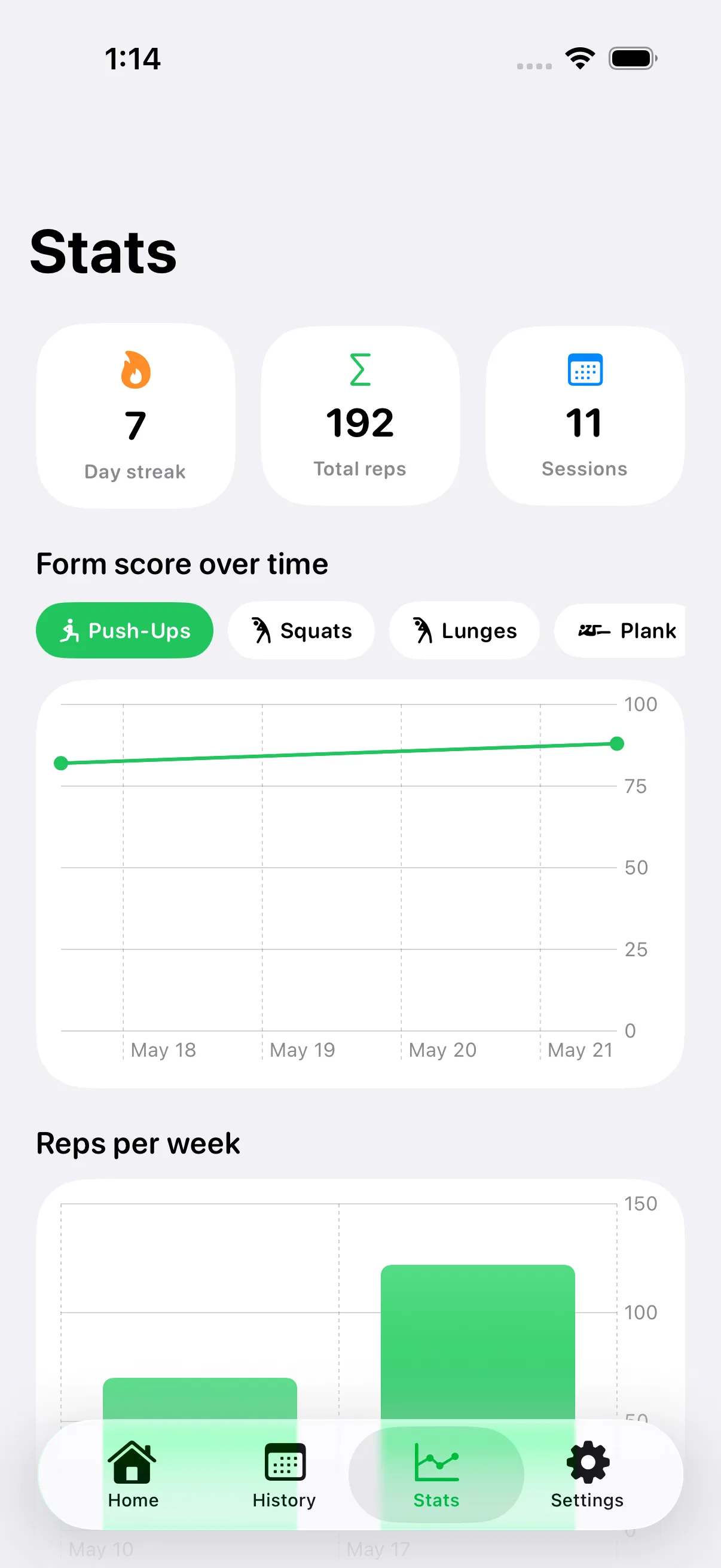 Form Coach stats: form score over time and reps per week