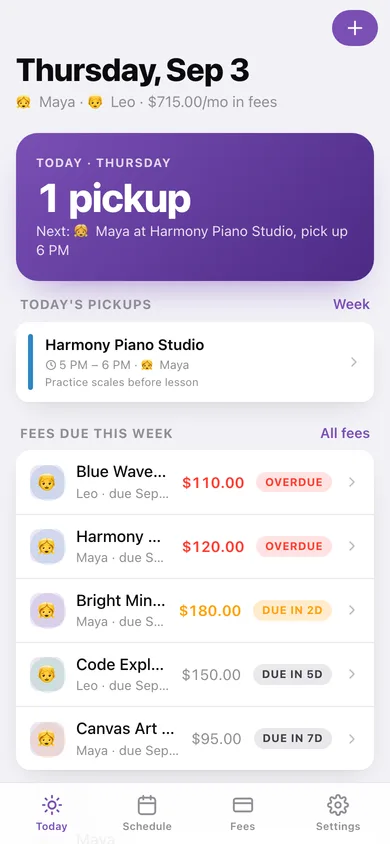 Afterschool web app — screen 1