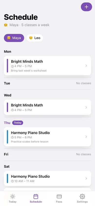 Afterschool web app — screen 2
