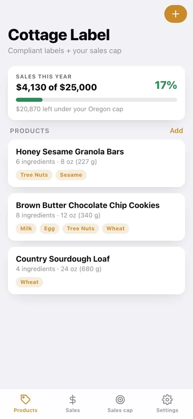 Cottage Label web app — screen 1