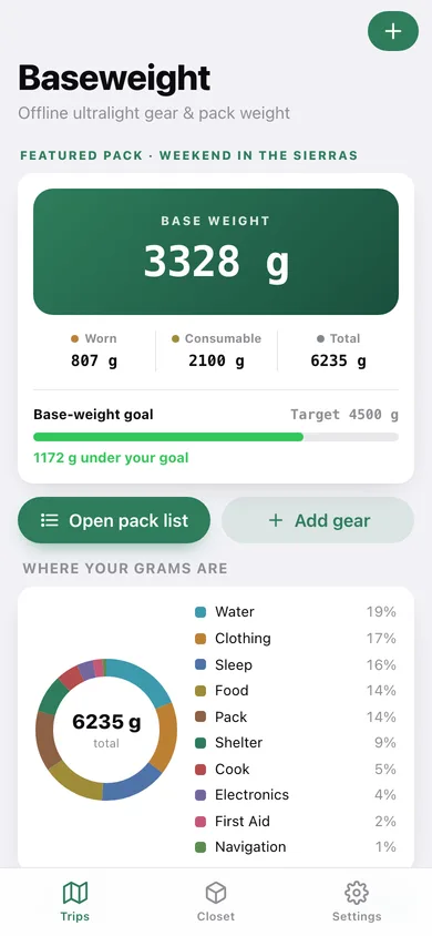 Baseweight web app — screen 1