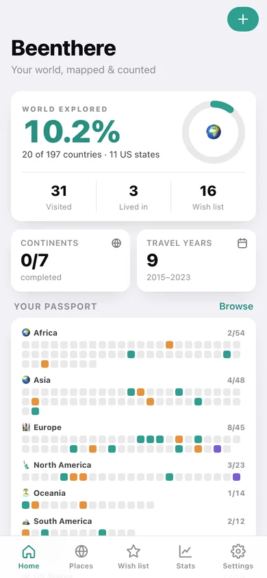 Beenthere web app — screen 1