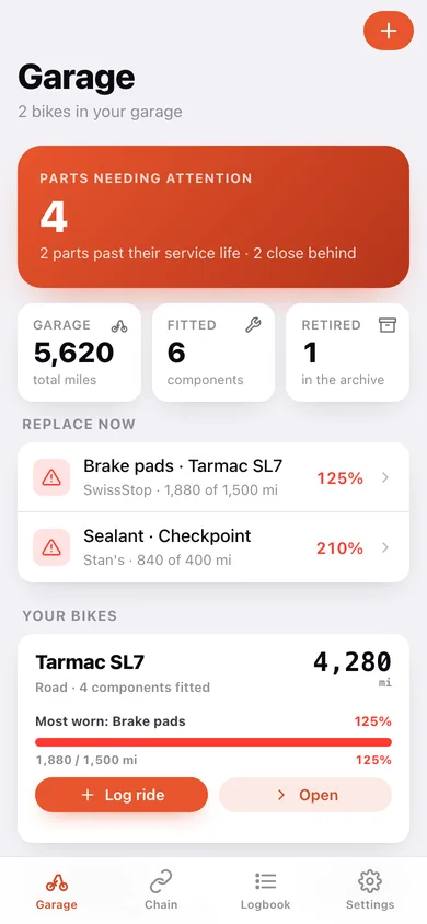 Bikebook Wrench Log web app — screen 1