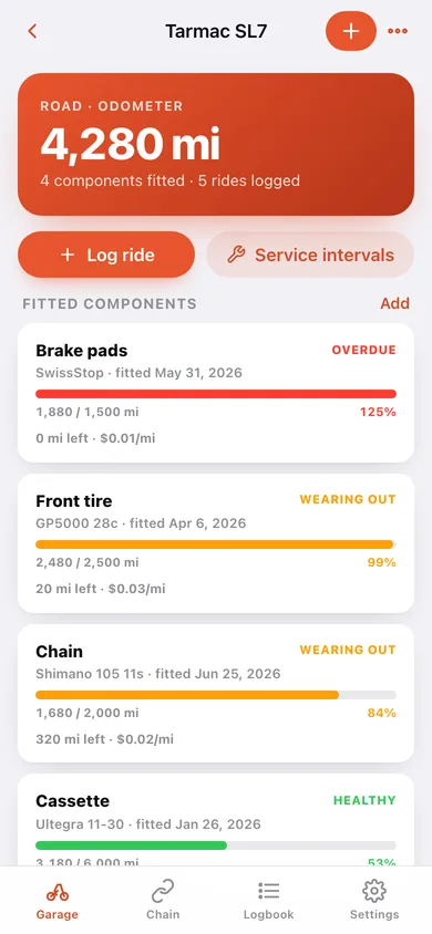 Bikebook Wrench Log web app — screen 2