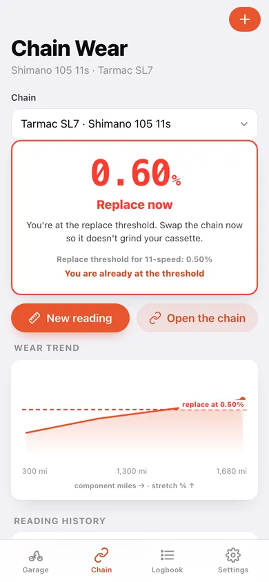 Bikebook Wrench Log web app — screen 3