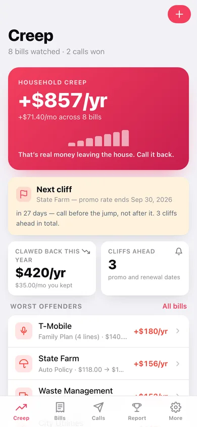 Bill Creep web app — screen 1