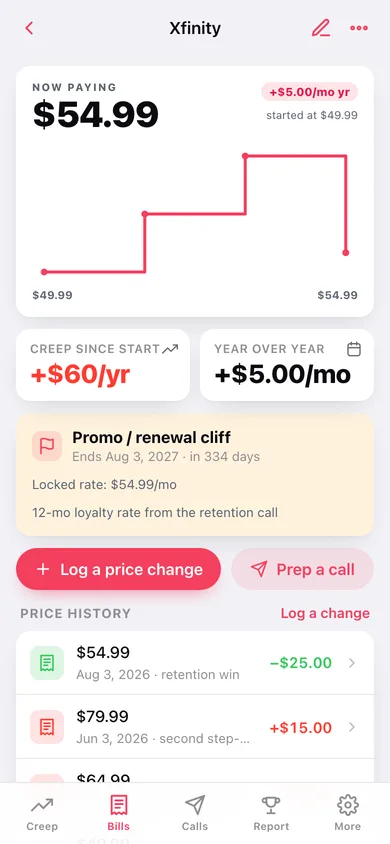 Bill Creep web app — screen 2