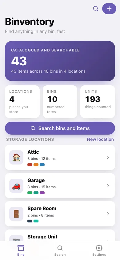 Binventory web app — screen 1