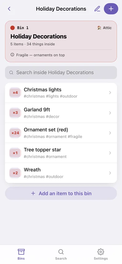 Binventory web app — screen 2