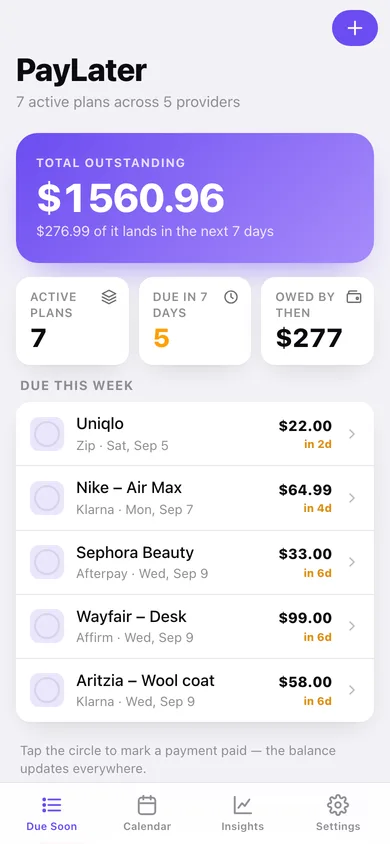 PayLater Tracker web app — screen 1