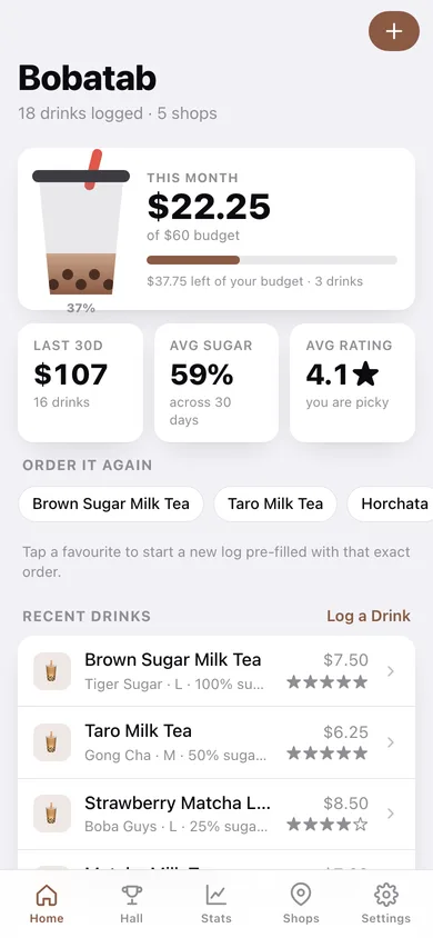 Bobatab web app — screen 1