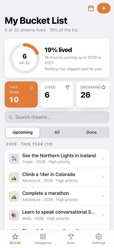 Bucketly web app — screen 1