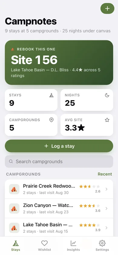 Campnotes web app — screen 1
