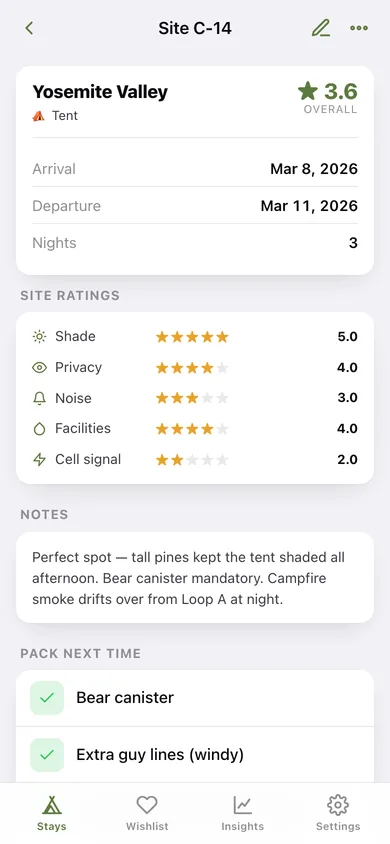 Campnotes web app — screen 3