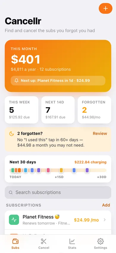 Cancellr web app — screen 1