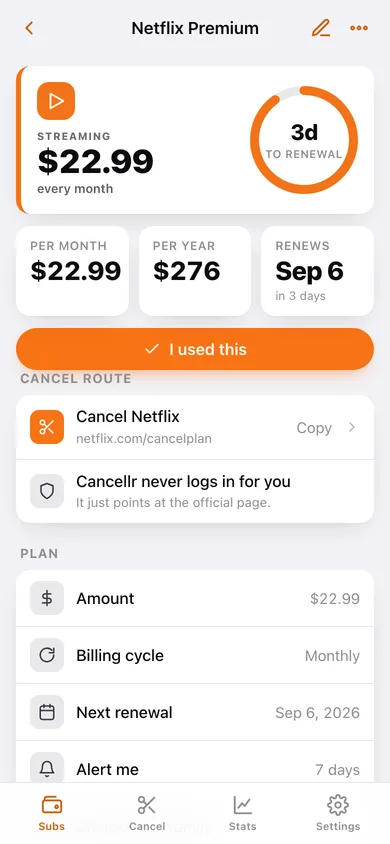 Cancellr web app — screen 2