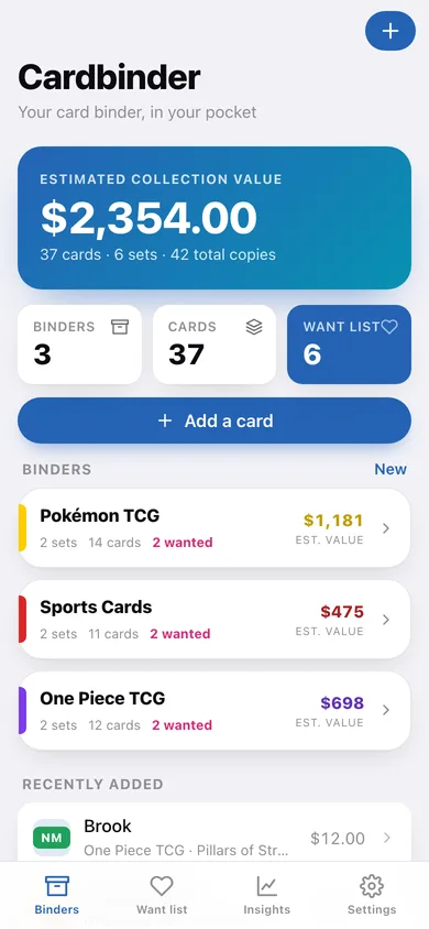 Cardbinder web app — screen 1