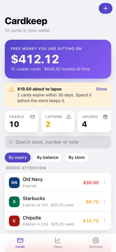 Cardkeep web app — screen 1