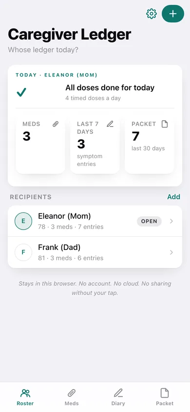 Caregiver Ledger web app — screen 1