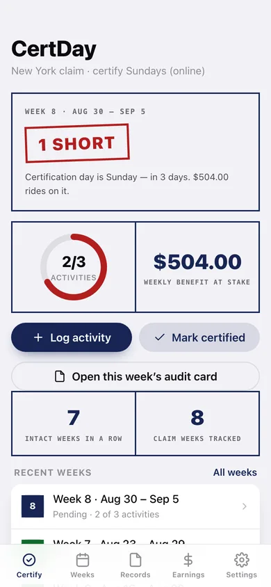 CertDay web app — screen 1