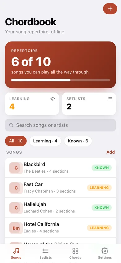 Chordbook web app — screen 1