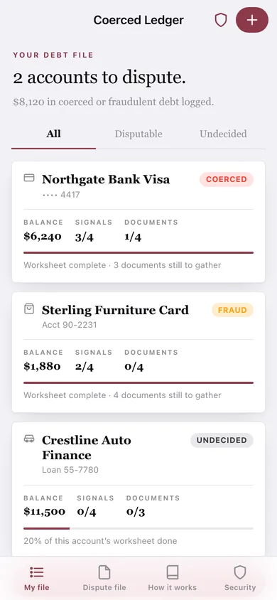 Coerced Ledger web app — screen 1