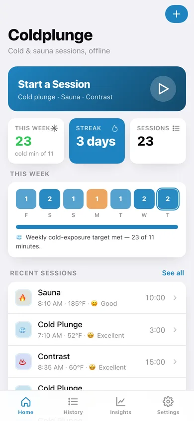 Coldplunge web app — screen 1