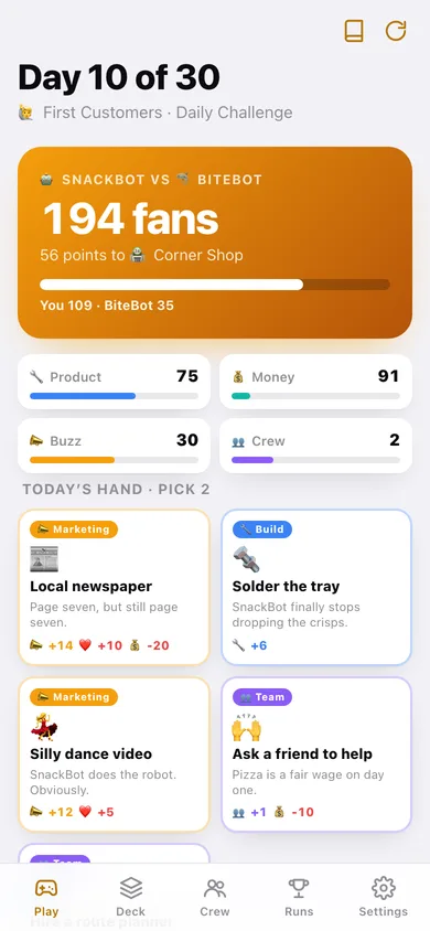 Startup City: SnackBot web app — screen 1