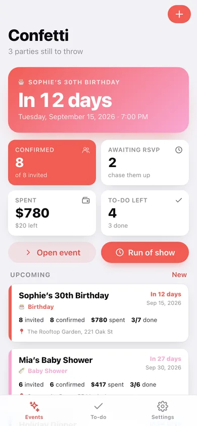 Confetti web app — screen 1