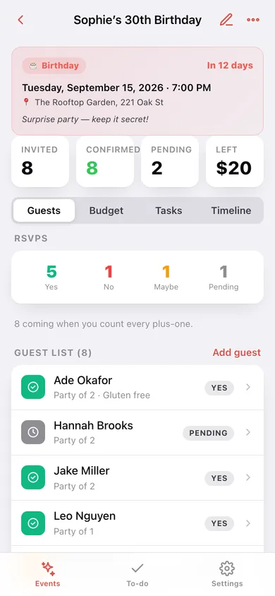 Confetti web app — screen 2