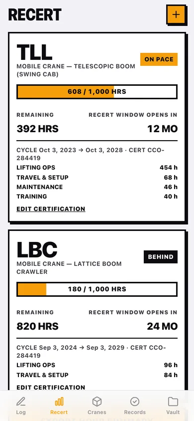 CraneLog web app — screen 2