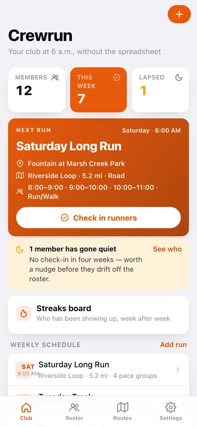 Crewrun web app — screen 1