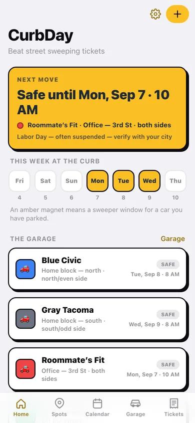 CurbDay web app — screen 1