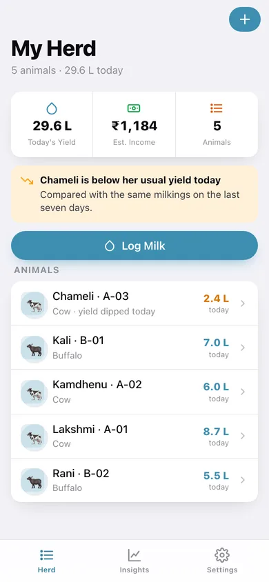 Dairylog web app — screen 1