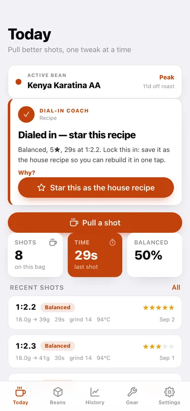 Dialin Espresso Journal web app — screen 1