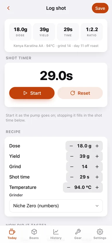 Dialin Espresso Journal web app — screen 2