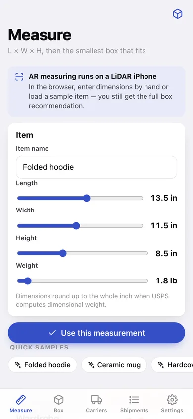 DimShave: Ship Smaller web app — screen 1