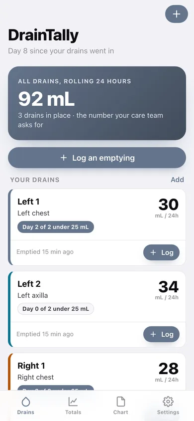 DrainTally web app — screen 1