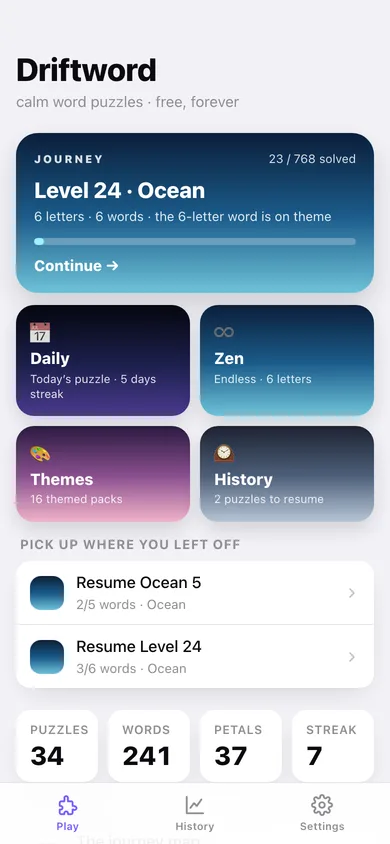Driftword web app — screen 1