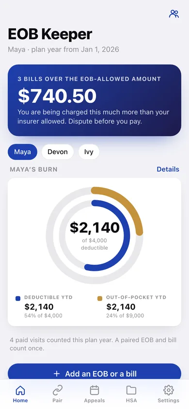 EOB Keeper web app — screen 1