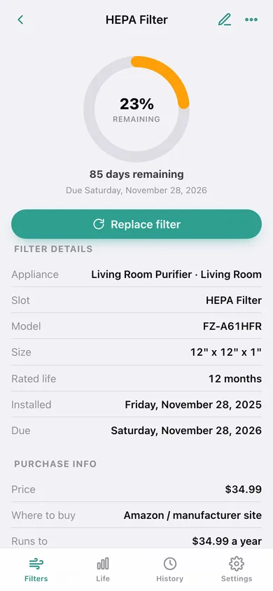 Filterfresh web app — screen 3