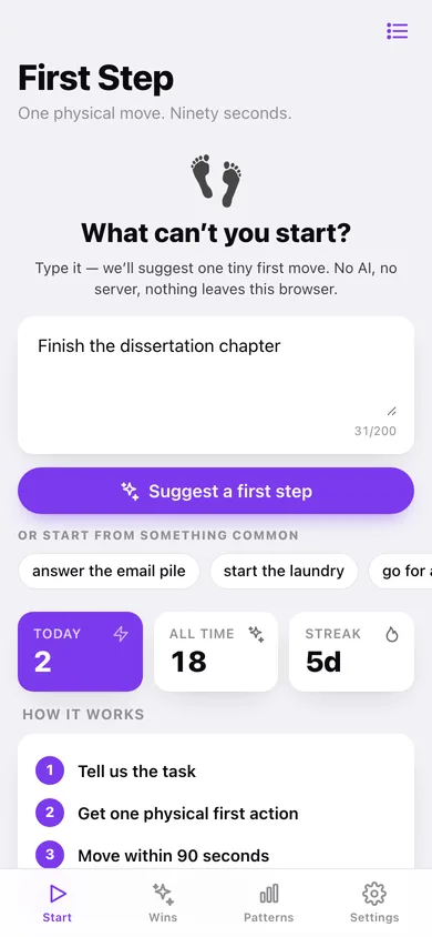 First Step web app — screen 1