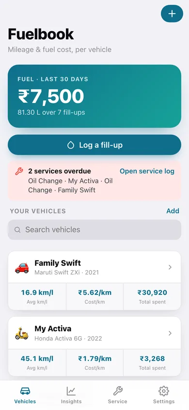 Fuelbook web app — screen 1