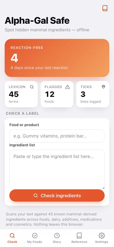 Alpha-Gal Safe web app — screen 1