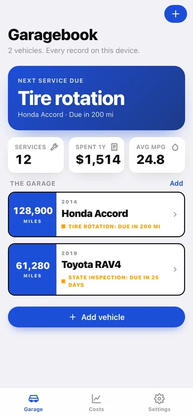 Garagebook web app — screen 1