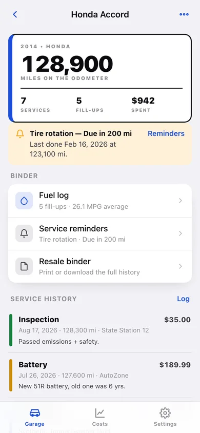 Garagebook web app — screen 2