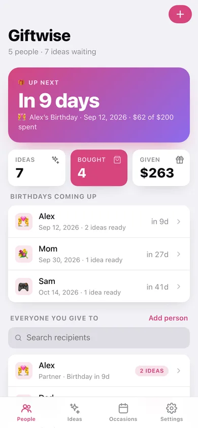 Giftwise web app — screen 1
