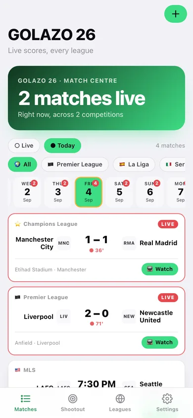 Golazo 26 web app — screen 1